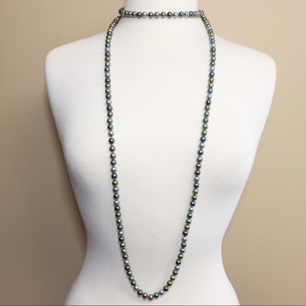 Super Long Grey Tones Glass Pearl Necklace - Picture 3 of 7